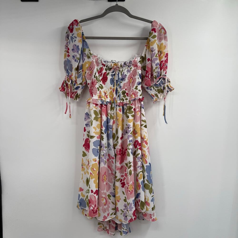 En Saison Constantia Floral Print Smocked Mini Dress Womens Medium Puff Sleeve